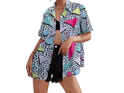 80s 90s Outfits for Women Retro Theme Party Disco Shirt 80s Hawaiian Shirt Neon Button Down Short Sleeve Blouse Tops2