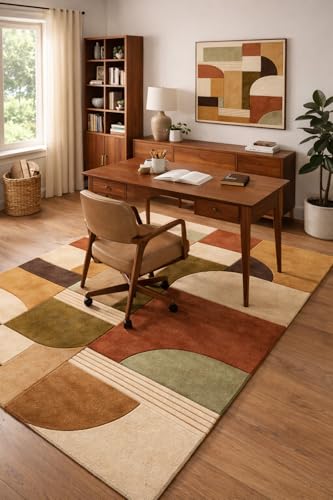 SHAN Rugs Hand Tufted Wool Geometric Rug – Mid Century Modern Terracotta Olive Cream Area Rug 8x10