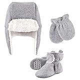Hudson Baby Baby Trapper Hat, Mitten and Bootie Set, Heather Gray, 0-6 Months