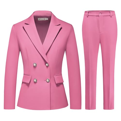 MODFUL Womens 2 Piece Business Suit Double Breasted Blazer and Pants Work Suit Set (Pink,Large)