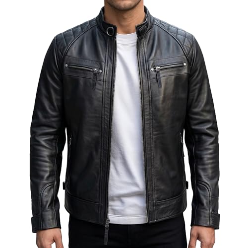 Image of Leather Jacket Men - Real Lambskin Motorcycle Jacket with Snap Tab Collar, Adjustable Waist & Zippered Pockets