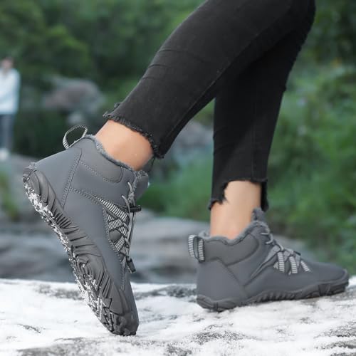 Men's Women's Winter Barefoot Hiking Boots, Slip On Warm Zero Drop Snow Boot, Wide Toe Box Ankle boots, Minimalist Waterproof Shoes, Five Finger Sneakers Hike Shoes for Hiking Walking Outdoor Unisex 6