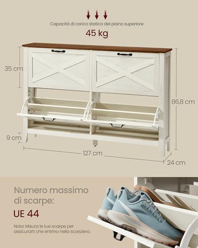 VASAGLE LIRY Collezione - Scarpiera con 4 Scomparti a Ribalta, Scarpiera Ingresso Slim, Stile Farmhouse, per 20-24 Paia di Scarpe, Bianco Vintage e Marrone Miele HSC401W101 - Immagine 1