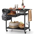 HAPPYGRILL Outdoor Grill Cart, Movable BBQ Pizza Oven Stand w/Lockable Wheels, Grill Tables for Outside w/Garbage Bag Holder, Removable Hooks, Portable Cooking Prep Table for Kitchen BBQ Party