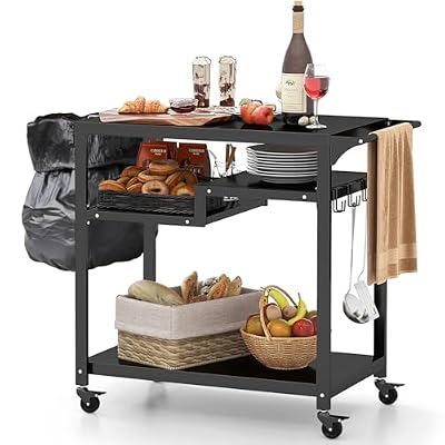 HAPPYGRILL Outdoor Grill Cart, Movable BBQ Pizza Oven Stand w/Lockable Wheels, Grill Tables for Outside w/Garbage Bag Holder, Removable Hooks, Portable Cooking Prep Table for Kitchen BBQ Party