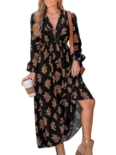 CUPSHE Women's Floral Maxi Dress V Neck Puff Sleeves Flowy Ruffle Casual Fall Dress Black, L
