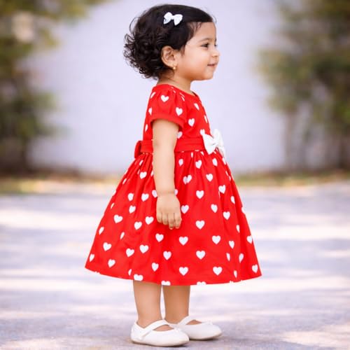 Image of Babeezworld Cotton Baby Girl Dress - Knee Length fit and Flare Dress Frock jhabla (Red; 3-4 Years)