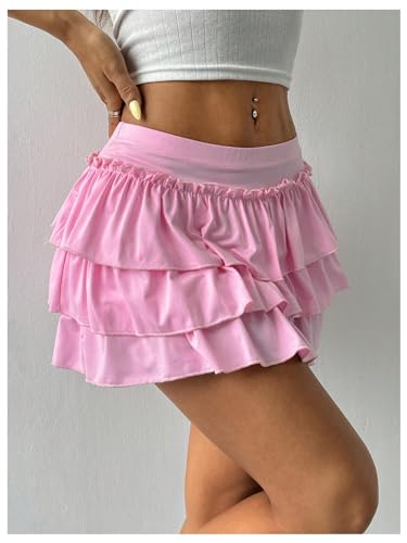 Women's Bow Back Mini Skirt Elastic Low Waist Layered Ruffle Hem Short Cake Skirts3