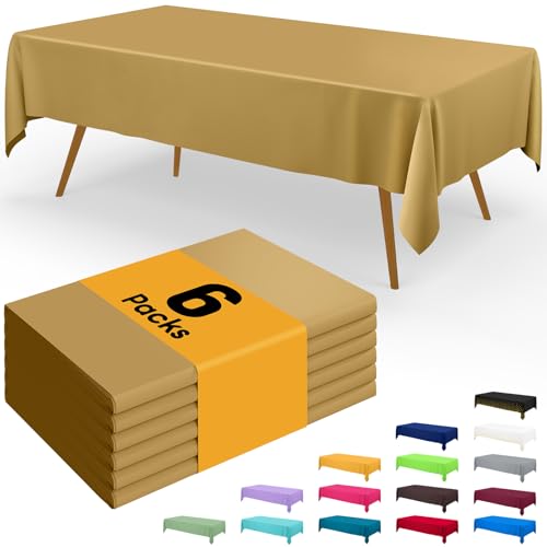 Image of Smiry Disposable Table Cloth - 6 Pack, 54 x 108 Inch Waterproof Rectangle Tablecloths for Parties, Decorative Plastic Table Cover, Leakproof & Sturdy, Gold
