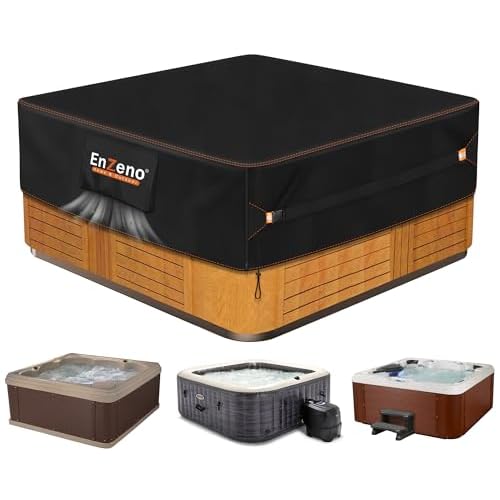 Enzeno Outdoor SPA Hot Tub Cover Waterproof Square 86 x 86 inch fit 84 x 84 or 83 x 83 or 82 x 82 or 7 ft x 7 ft 420D Heavy Duty Cub Hot Tub Lid Protectors Protective Cover Cap