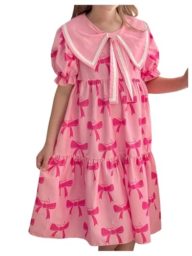 MakeMeChic Girl's Bow Knot Puff Sleeve A Line Dress Ruffle Tiered Collared Summer Midi Dresses