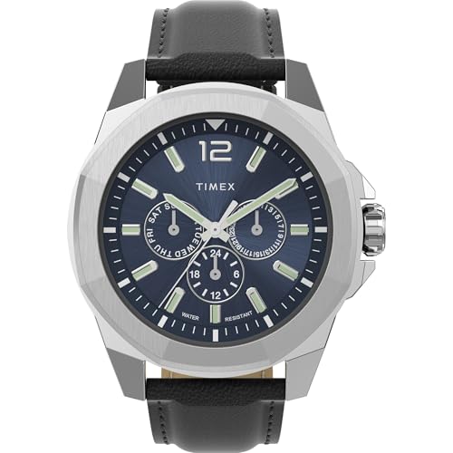 Image of TIMEX Essex Analog Watch for Man with Blue Round Dial & Black Leather Strap Band Water Resistant Men's Wrist Watches - TW2V43200UJ