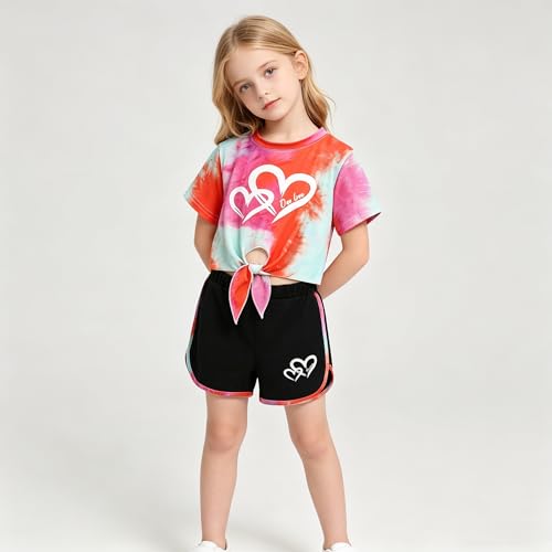 Image of Girls 6 Pieces Summer Outfits Casual Short Sleeve Tee Tops and Dolphin Shorts Set 4-12Y