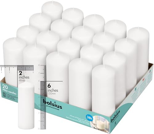 Bolsius White Pillar Candles – 2x6 Unscented Candle Set of 20 – Dripless, Smokeless, and Clean Burning Household Dinner Candles – Perfect for Weddings, Parties, Dinners – 20 Decorative Candles