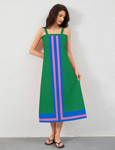 Image of calbatic Women Color Block Sleeveless Striped Maxi Dress Square Neck Backless Casual Flowy Summer Dress Small Green