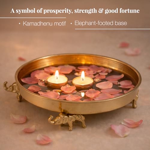Image of Pichwai Art Kamadhenu Urli Bowl with Elephant Base | 10-Inch Decorative Metal Urli for Floating Flowers, Diya & Candle | Brass Finish Home Decor for Diwali, Pooja, & Table Centerpiece