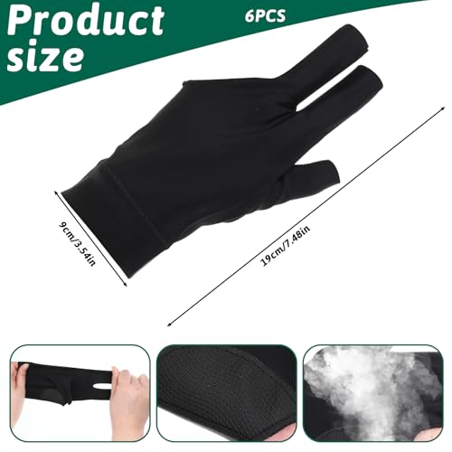 Bruislard 6 Pcs Pool Gloves Left Hand 3 Fingers Billiards Glove Breathable Nylon Sport Gloves for Women & Men Left and Right Hand