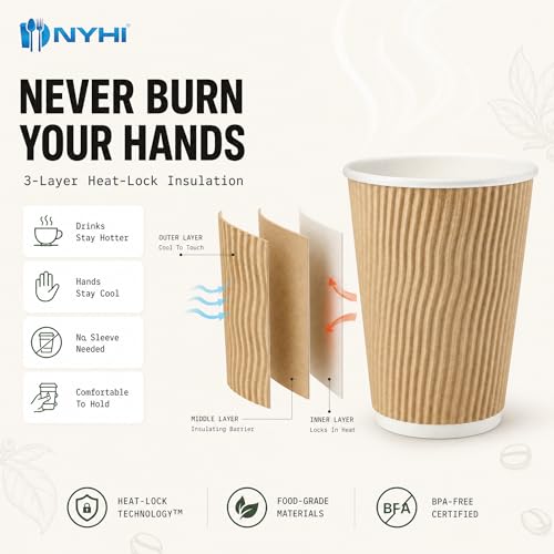 Image of NYHI 150 10 oz Ripple Kraft Paper Cups Brown Hot Cold Cups 3 Layer Rippled Small Insulated Disposable Coffee Cups for Cappuccino Hot Cocoa or Iced Drinks