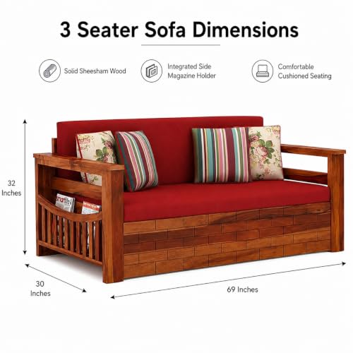 Image of Douceur Furnitures Solid Sheesham Wooden 3 Seater Sofa Cum Bed with Mattress,Cushions & Side Pockets,Wood Foldable Convertible Sofa 3 Seater Diwan Cum Bed for Living Room & Office|Honey Finish