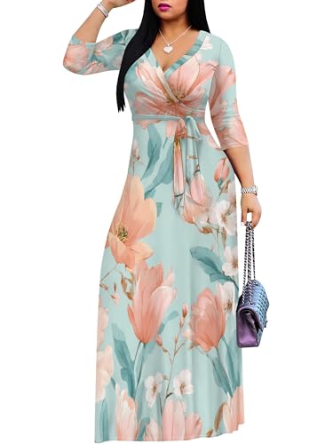 Image of SUZONANA Plus Size Dresses for Women Floral Print Maxi Dress Flowy 3 /4 Sleeve with Belt