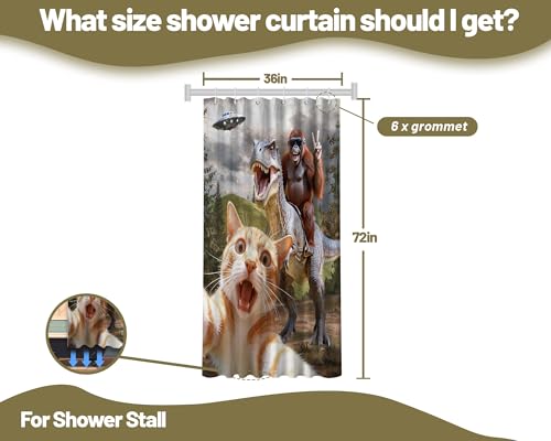Image of Small Stall Shower Curtain Rv Cat Riding Dinosaur, 36 x 72 Inchs | for Camper Stand Up Shower, Funny Orange Cat Pattern Design, Narrow Bathroom Decor Sets Waterproof Cloth Fabric, with Hooks