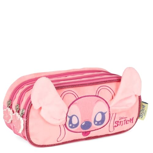 Estojo Tripo Escolar Aplique 3D Stitch & Angel Rosa - EI42425 - Luxcel