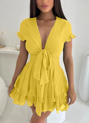 PRETTYGARDEN Women Summer Mini Short Dress 2025 Short Sleeve Casual Beach Vacation Sundress V Neck Tiered Sun Dresses