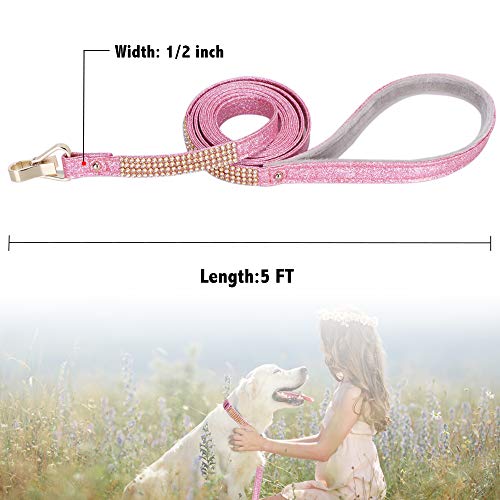 Image of Dog Leash, Pet Leash, [Bling Rhinestones] Premium PU Leather Durable and Soft 5 FT Leash for Control Safety Training, Walking Lead for Small to Medium Dogs Pink