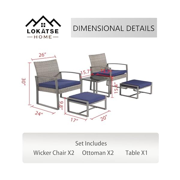 LOKATSE HOME 5 Pieces Patio Furniture, Outdoor Conversation Sets Rattan Wicker Chairs with Soft Cushion, Ottomans and Coffee Table for Balcony Poolside Front Porch Deck, Blue - Image 3