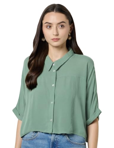 Forever 21 Women's Regular Fit Shirt (FWS24CWOF008501_Green Deal