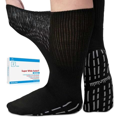 Bulinlulu Extra Width Diabetic Socks for Men Women-2 Pairs Wide Edema Non Slip Cast Bariatric Hospital Lymphedema Socks with Grips 13-15 for Swollen Feet(2 Piars Black)