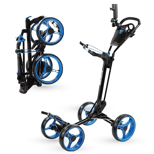 Qwik-Fold 4-Wheel Golf Push Cart with Foot Brake – 1-Second Fold & Unfold Golf Trolley, Lightweight Aluminum Frame, Adjustable Handle, Smooth Ball-Bearing Wheels, Umbrella Holder - Black/Blue