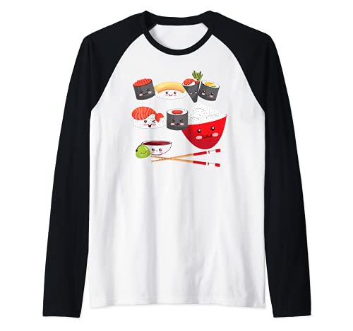 Kawaii Happy Sushi Go Rice Art Funny Japanese Food Wasabi Raglan Baseball Tee