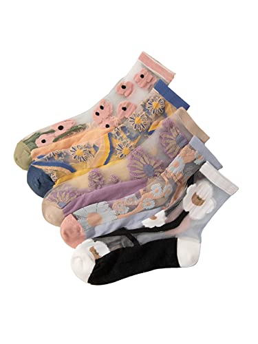 GORGLITTER Women's 4 Pairs Sheer Mesh Flower Patterned Thin Casual Crew Socks Transparent Cute Summer Socks