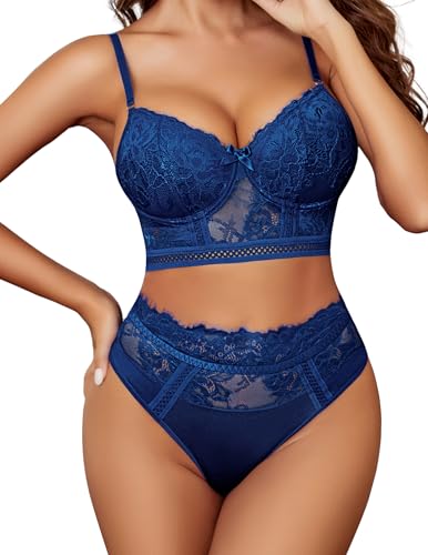 Image of Avidlove Lingerie Sets for Women Bra and High Waist Panty Set 2 Piece Lace Babydoll Outfits Navy Blue XL