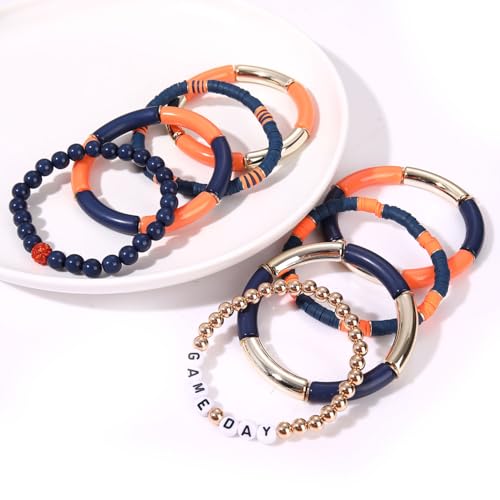 Game Day Bracelet Football Team Spirit Stretch Bracelet Set Stack Bamboo Acrylic Tube Bangle Bracelet College School Sports Football Jewelry Accessories Gift4