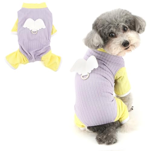 RANPHY 犬 服 春 夏 犬の服 おしゃれ 天使の翼つなぎ 犬用ロンパース 薄手ニットパジャマ 伸縮性四つ足の服 半袖 Tシャツ 超小型犬 小型犬 子犬 猫服ペット洋服 Dリング付部屋着お散歩撮影写真,パープル,XL