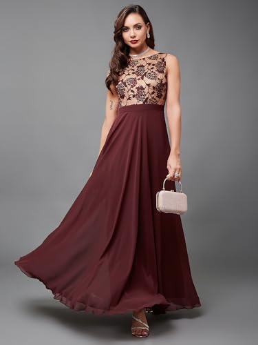 Image of Miss Chase Women's Round Neck Sleeveless Floral Lace Fit & Flare Maxi Dress