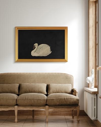 Image of HUARCEY Gold Framed Vintage Wall Art for Living Room, Grace Swan Art Painting Pictures Animal Bathroom Prints Farmhouse Wall Decor Large Canvas Swan Aesthetic Decor for Kitchen Bedroom Zwaan 24 inchx36 inch