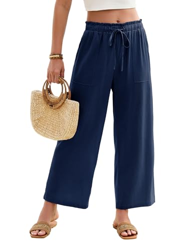 HEEKPEK Women Linen Trousers Summer Wide Leg Pants Casual Elasticated High Waisted Palazzo Lounge Elegant Ladies Loose Drawstring Pants with Pockets (Navy Blue, L)