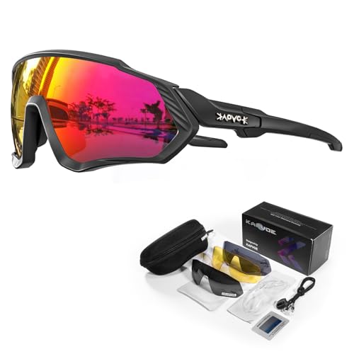 KAPVOE Gafas de Ciclismo Polarizadas con 5 Lentes Intercambiables para Hombres Mujeres Pantalla Completa TR90 Gafas de Sol Ligeras para Ciclismo Deportivo MTB Rojo Negro 02