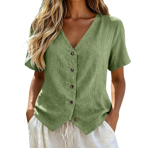 Linen Button Down Shirt Women,Cotton Linen Tops for Women Short Sleeve V Neck Gauze Button Down Shirts Linen Clothing for Womens Summer Casual Lightweight Business Office Vest Blouses 2026 Green