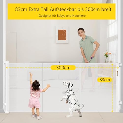 Treppenschutzgitter Türschutzgitter Ausziehbar 0-300 cm,Baby Absperrgitter Schutzgitter Treppe für Kinder,Katzen und Hunde,Geeignet für Innen Außenbereich (300cm/weiß)