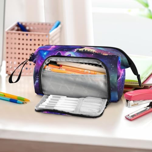 Image of Watercolor Galaxy Stars Wolf Pencil Case Pouch Big Capacity Pencil Bag Box Organizer Pen Case with Zipper Pencil Cases for Girls Boys Women Kids Adults School
