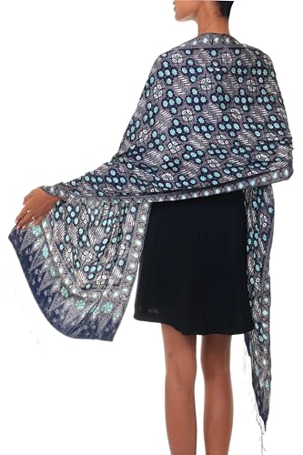 NOVICA Artisan Handmade Silk Batik Shawl Blue Patterned Accessories Shawls Indonesia ' Royal Art'3