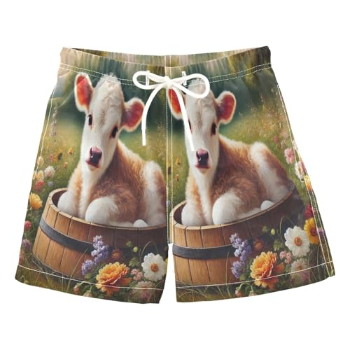 Flowers Cow Grass Boys Swim Trunks Quick Dry Toddler Swimsuit Boy Board Shorts Swimwear Bathing Suits M