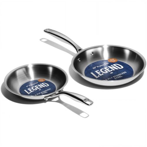 Image of LEGEND COOKWARE 2-Piece (8 inch & 10 inch) Stainless Frying Pan Set | 5 Ply Stainless Steel Clad | Induction Compatible, Oven Safe 800F - Non-Toxic, No Coatings - Even Heating, Won't Warp