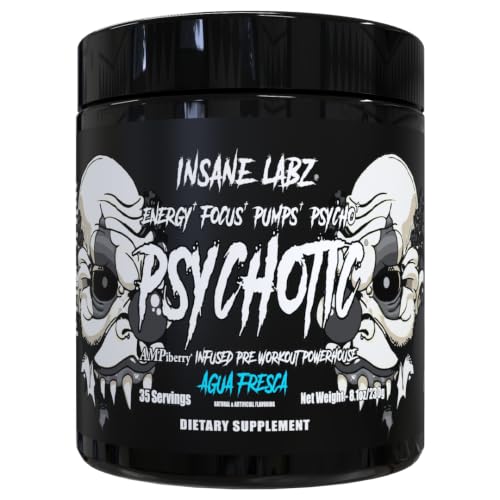 Image of Insane Labz Psychotic Black Edition Mid Stimulant Pre Workout Powder, Energy Focus Pumps, Loaded with Creatine Beta Alanine Taurine Fueled by AMPiberry, 35 Servings (Agua Fresca)