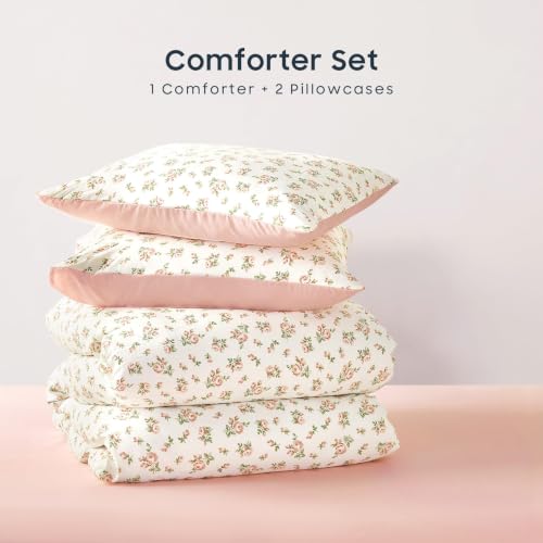 Image of Wake In Cloud - Floral Comforter Set, Coquette Cottagecore Aesthetic Flower Shabby Chic Pattern for Women Teen Girls, Soft Lightweight Bedding, 3 Pieces, Peach Blush, Twin /Twin XL Size