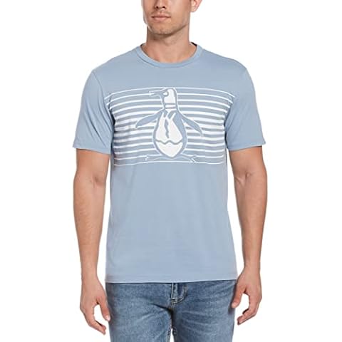 ORIGINAL PENGUIN Men's Stripe Pete Short Sleeve Tee Shirt, Faded Denim, Large Cover